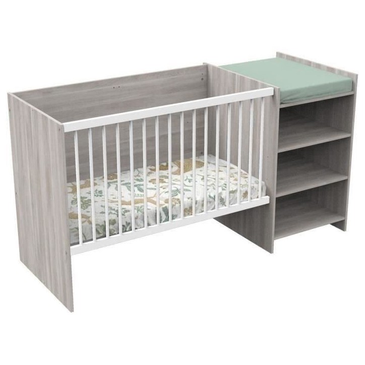 Lit bébé combiné - 120x60cm - Evolutif en 90x190cm - Babyprice Up - Chene silex - Avec commode a langer étagere Lit bébé combiné - 120x60cm - Evolutif en 90x190cm - Babyprice Up - Chene silex - Avec commode a langer étagere