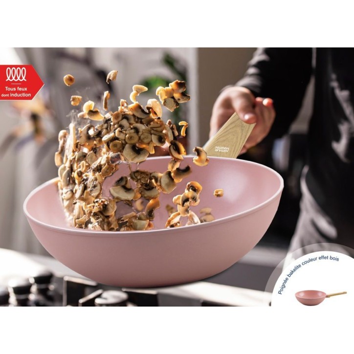 Wok - Tous feux dont induction - ARTHUR MARTIN - AM4944 - Revetement céramique - Ø 28 cm - Rose Wok - Tous feux dont induction - ARTHUR MARTIN - AM4944 - Revetement céramique - Ø 28 cm - Rose