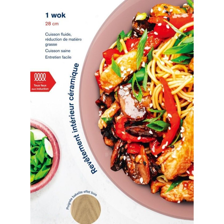Wok - Tous feux dont induction - ARTHUR MARTIN - AM4944 - Revetement céramique - Ø 28 cm - Rose Wok - Tous feux dont induction - ARTHUR MARTIN - AM4944 - Revetement céramique - Ø 28 cm - Rose