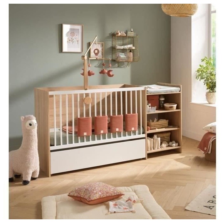 Lit bébé combiné - 120x60cm - Evolutif en 90x190cm - Babyprice Up - Décor bois - Avec commode a langer étagere
