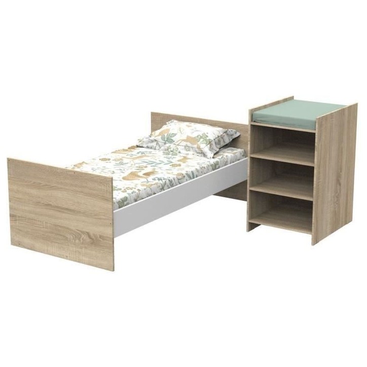 Lit bébé combiné - 120x60cm - Evolutif en 90x190cm - Babyprice Up - Décor bois - Avec commode a langer étagere