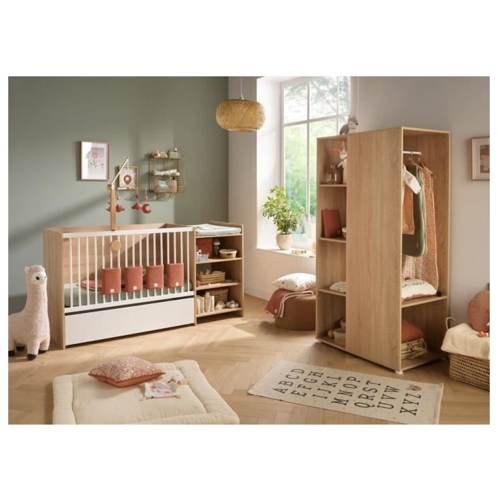 Lit bébé combiné - 120x60cm - Evolutif en 90x190cm - Babyprice Up - Décor bois - Avec commode a langer étagere