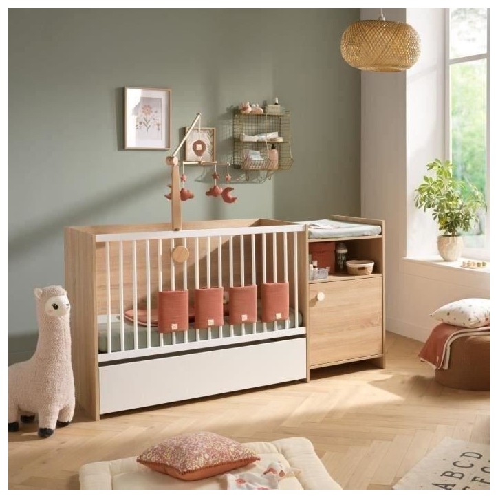 Lit bébé combiné - 120x60cm - Evolutif en 90x190cm - Babyprice Up - Décor bois - Avec commode a langer 1 porte