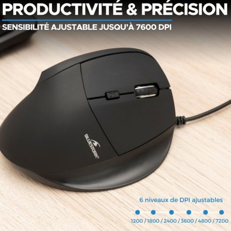 Souris ergonomique verticale - Filaire - BLUESTORK - 7200 DPI - Noire