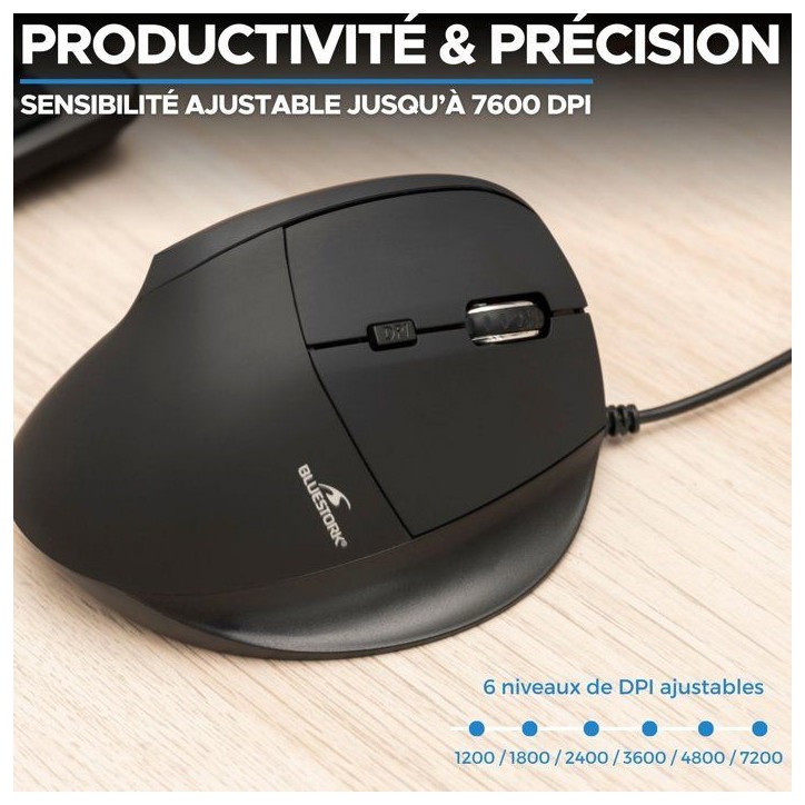 Souris ergonomique verticale - Filaire - BLUESTORK - 7200 DPI - Noire Souris ergonomique verticale - Filaire - BLUESTORK - 7200 DPI - Noire
