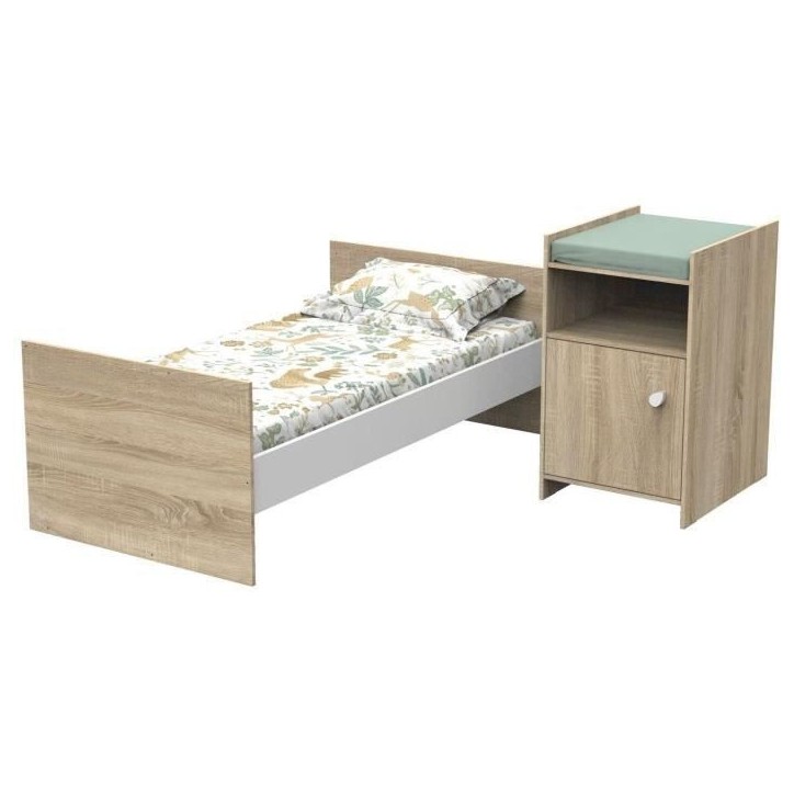 Lit bébé combiné - 120x60cm - Evolutif en 90x190cm - Babyprice Up - Décor bois - Avec commode a langer 1 porte