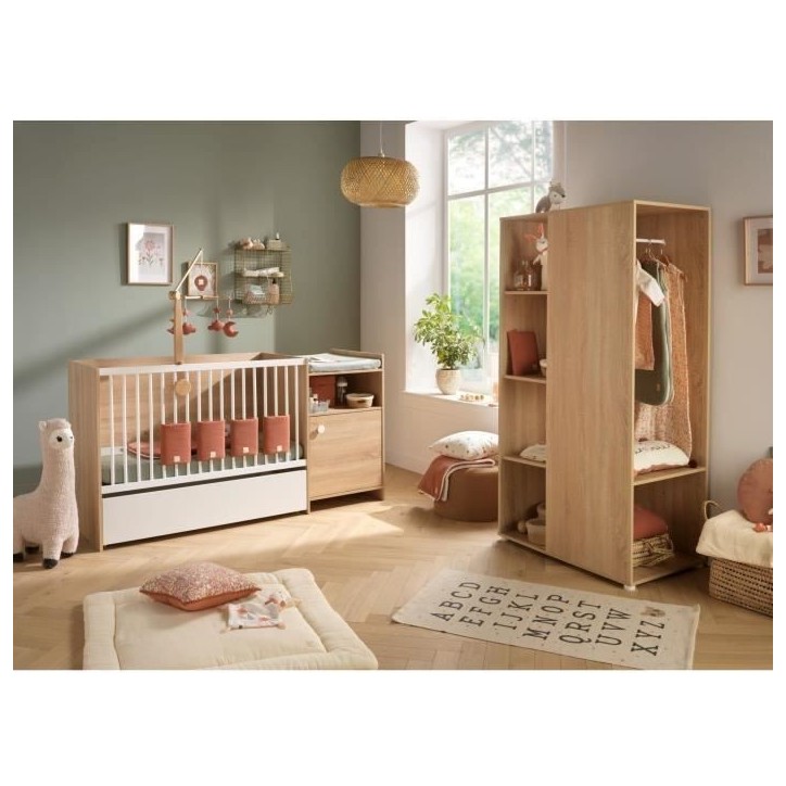 Lit bébé combiné - 120x60cm - Evolutif en 90x190cm - Babyprice Up - Décor bois - Avec commode a langer 1 porte