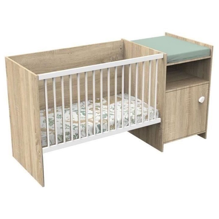 Lit bébé combiné - 120x60cm - Evolutif en 90x190cm - Babyprice Up - Décor bois - Avec commode a langer 1 porte