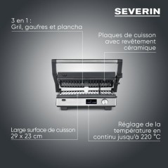 Gril multifonction 3-en-1 - SEVERIN - KG 2380 - 2000 W - 3 jeux de plaques - Ecran LED - Noir / Inox