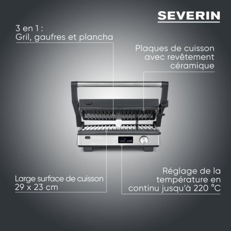 Gril multifonction 3-en-1 - SEVERIN - KG 2380 - 2000 W - 3 jeux de plaques - Ecran LED - Noir / Inox