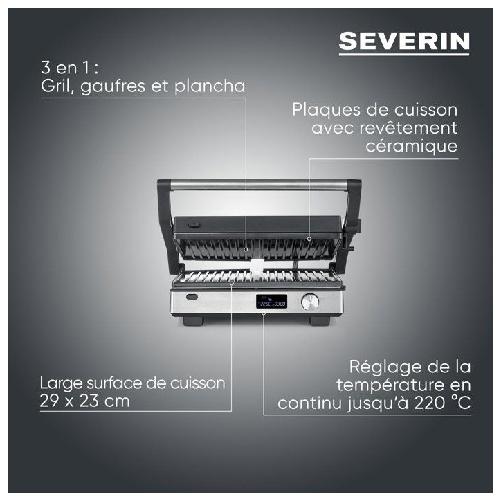 Gril multifonction 3-en-1 - SEVERIN - KG 2380 - 2000 W - 3 jeux de plaques - Ecran LED - Noir / Inox Gril multifonction 3-en-1 - SEVERIN - KG 2380 - 2000 W - 3 jeux de plaques - Ecran LED - Noir / Inox