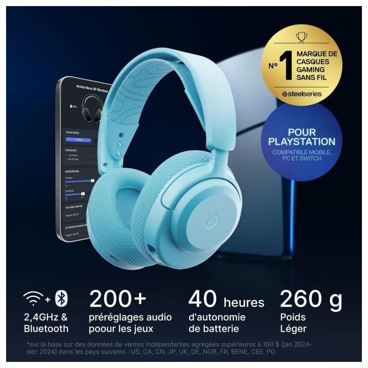Casque gaming sans fil - STEELSERIES - Arctis Nova 3PW - Autonomie 40h - Bluetooth + 2,4 GHz - Couleur Bleu ciel Casque gaming sans fil - STEELSERIES - Arctis Nova 3PW - Autonomie 40h - Bluetooth + 2,4 GHz - Couleur Bleu ciel