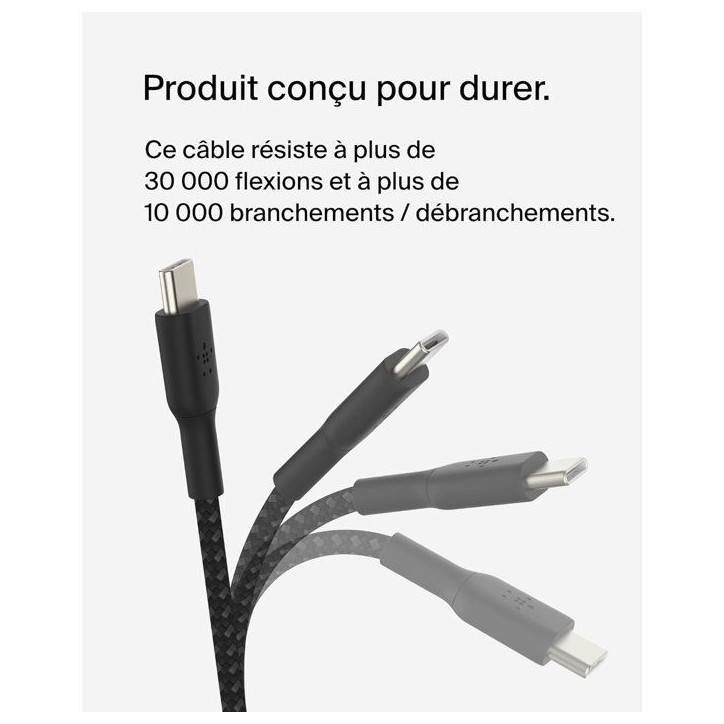 Câble tressé - BELKIN - USB-C vers USB-C - 2 m - Blanc