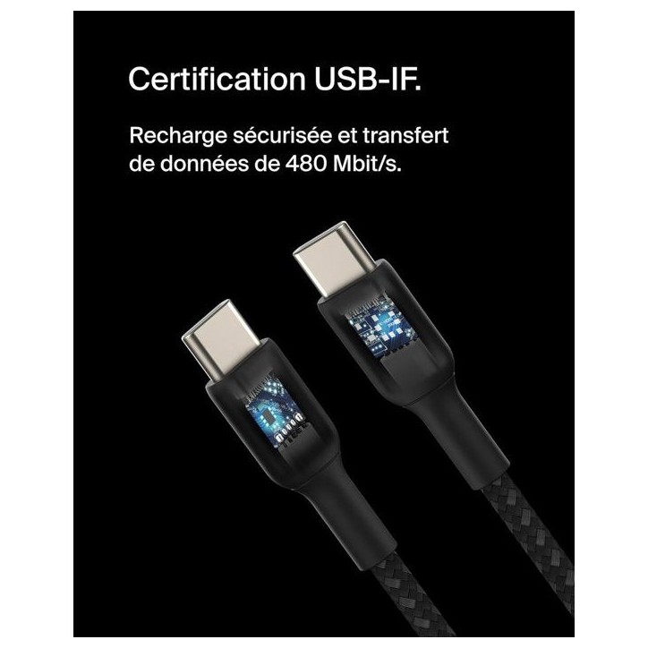 Câble tressé - BELKIN - USB-C vers USB-C - 2 m - Blanc