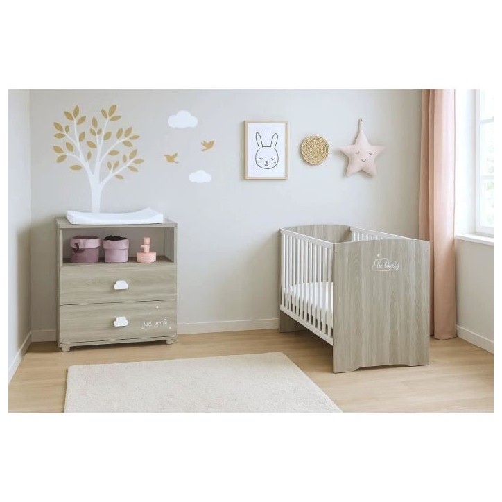 Chambre bébé complete - Lit 120x60 et commode a langer - BABY PRICE - SMILE - Chene silex