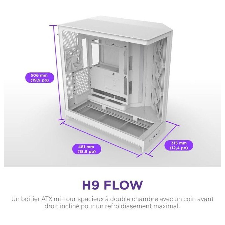 Boitier moyen-tour - NZXT - CM-H92FW-01 - H9 Flow - Double chambre - Panneaux mesh - Verre trempé Boitier moyen-tour - NZXT - CM-H92FW-01 - H9 Flow - Double chambre - Panneaux mesh - Verre trempé