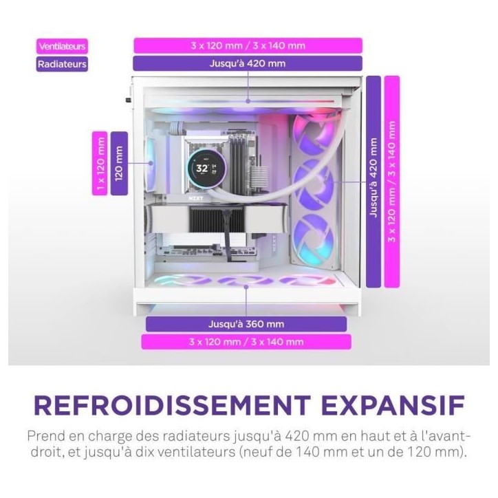 Boitier moyen-tour - NZXT - CM-H92FW-R1 - H9 Flow RGB - Ventilateurs RGB inclus - Blanc Boitier moyen-tour - NZXT - CM-H92FW-R1 - H9 Flow RGB - Ventilateurs RGB inclus - Blanc