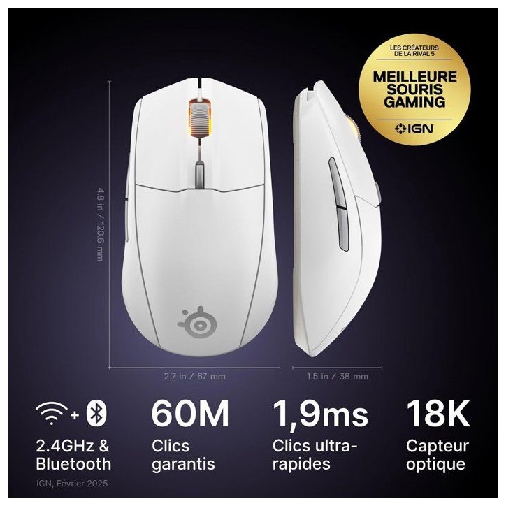 Souris gaming sans fil - STEELSERIES - Rival 3 Gen 2 - Blanc Souris gaming sans fil - STEELSERIES - Rival 3 Gen 2 - Blanc