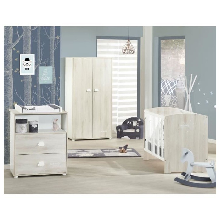Chambre bébé complete - Lit 120x60, commode a langer et armoire - BABY PRICE - SMILE - Hetre cendré Chambre bébé complete - Lit 120x60, commode a langer et armoire - BABY PRICE - SMILE - Hetre cendré