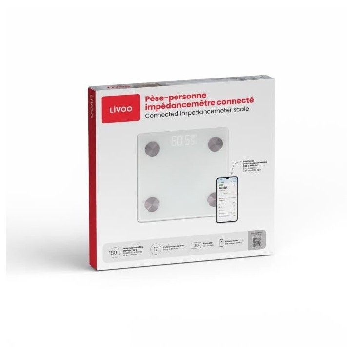Pese-personne impédancemetre connecté - LIVOO - DOM528W - 17 indicateurs - Max 180 kg - 8 profils - LED - Blanc Pese-personne impédancemetre connecté - LIVOO - DOM528W - 17 indicateurs - Max 180 kg - 8 profils - LED - Blanc