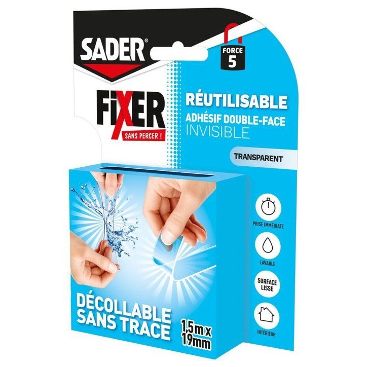 Adhésif double face extra - SADER - Fixer sans percer - Invisible - Décollable/réutilisable - Transparent - 1.5 m x 19 mm Adhésif double face extra - SADER - Fixer sans percer - Invisible - Décollable/réutilisable - Transparent - 1.5 m x 19 mm