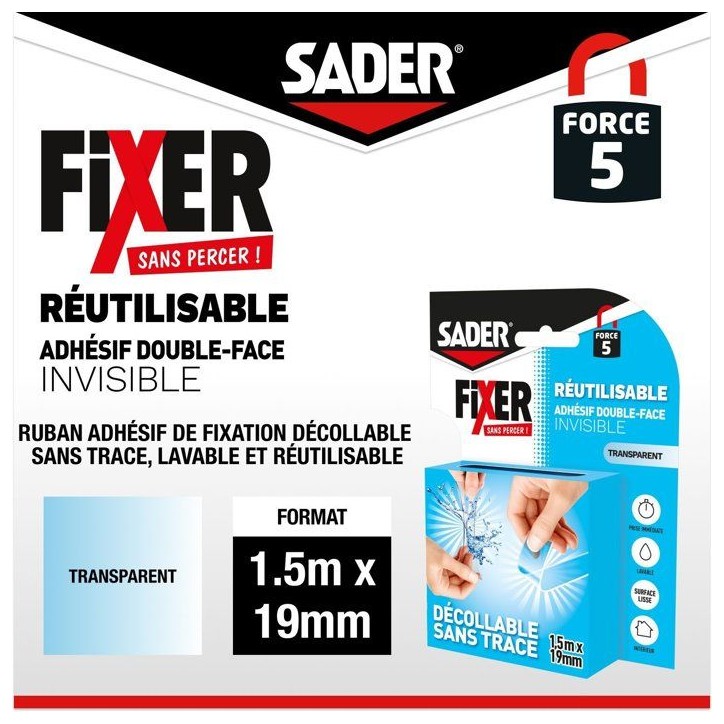 Adhésif double face extra - SADER - Fixer sans percer - Invisible - Décollable/réutilisable - Transparent - 1.5 m x 19 mm Adhésif double face extra - SADER - Fixer sans percer - Invisible - Décollable/réutilisable - Transparent - 1.5 m x 19 mm