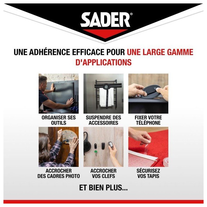 Adhésif double face extra - SADER - Fixer sans percer - Invisible - Décollable/réutilisable - Transparent - 1.5 m x 19 mm Adhésif double face extra - SADER - Fixer sans percer - Invisible - Décollable/réutilisable - Transparent - 1.5 m x 19 mm