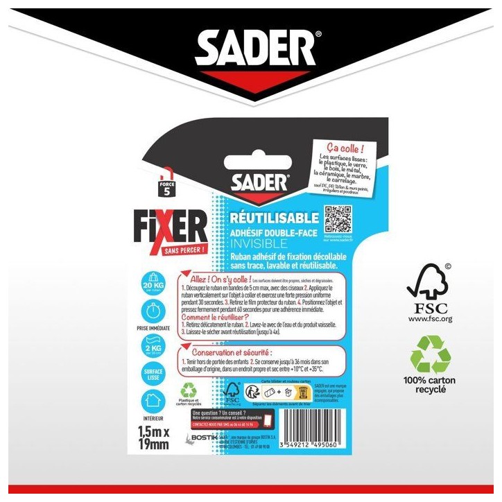 Adhésif double face extra - SADER - Fixer sans percer - Invisible - Décollable/réutilisable - Transparent - 1.5 m x 19 mm Adhésif double face extra - SADER - Fixer sans percer - Invisible - Décollable/réutilisable - Transparent - 1.5 m x 19 mm
