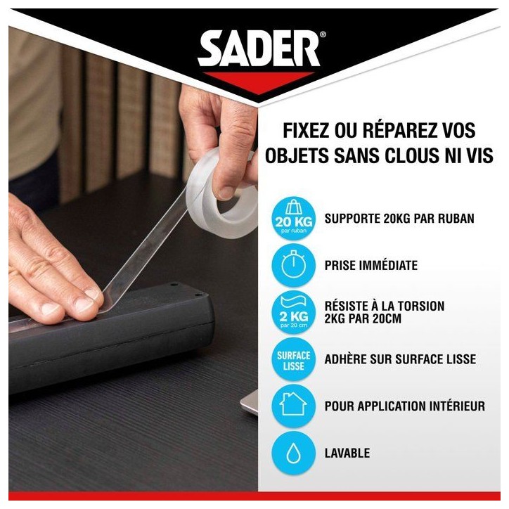 Adhésif double face extra - SADER - Fixer sans percer - Invisible - Décollable/réutilisable - Transparent - 1.5 m x 19 mm Adhésif double face extra - SADER - Fixer sans percer - Invisible - Décollable/réutilisable - Transparent - 1.5 m x 19 mm