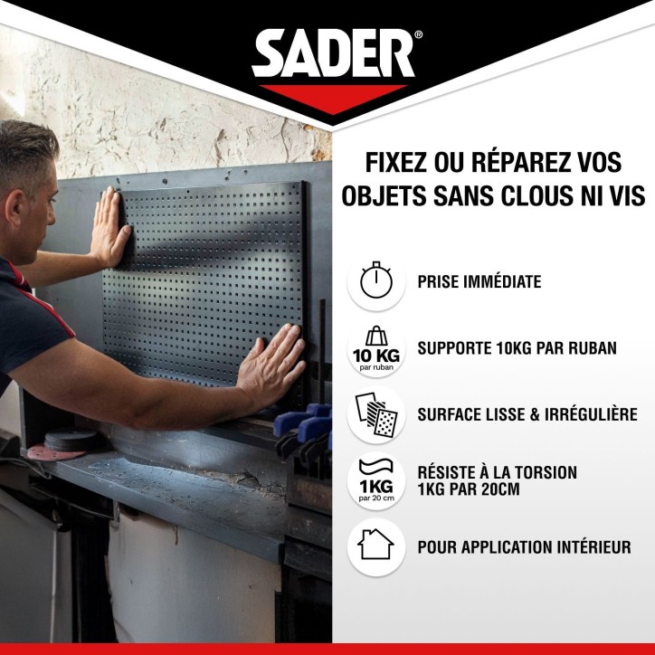 Adhésif double face extra fort - SADER - Fixer sans percer - Extreme - Intérieur - Supporte jusqu'a 10 Kg - Blanc - 2 m x 19 m
