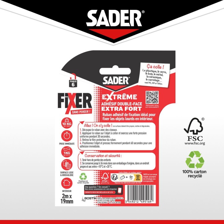 Adhésif double face extra fort - SADER - Fixer sans percer - Extreme - Intérieur - Supporte jusqu'a 10 Kg - Blanc - 2 m x 19 m