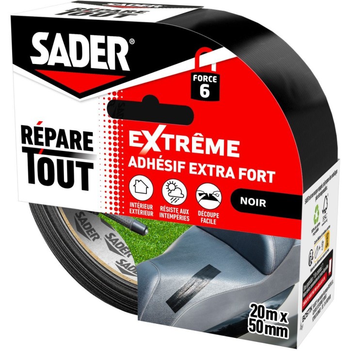 Adhésif extra fort - SADER - Repare tout extreme - Intérieur & Exterieur - Toutes surfaces - Noir - Facile a découper - 20 m Adhésif extra fort - SADER - Repare tout extreme - Intérieur & Exterieur - Toutes surfaces - Noir - Facile a découper - 20 m