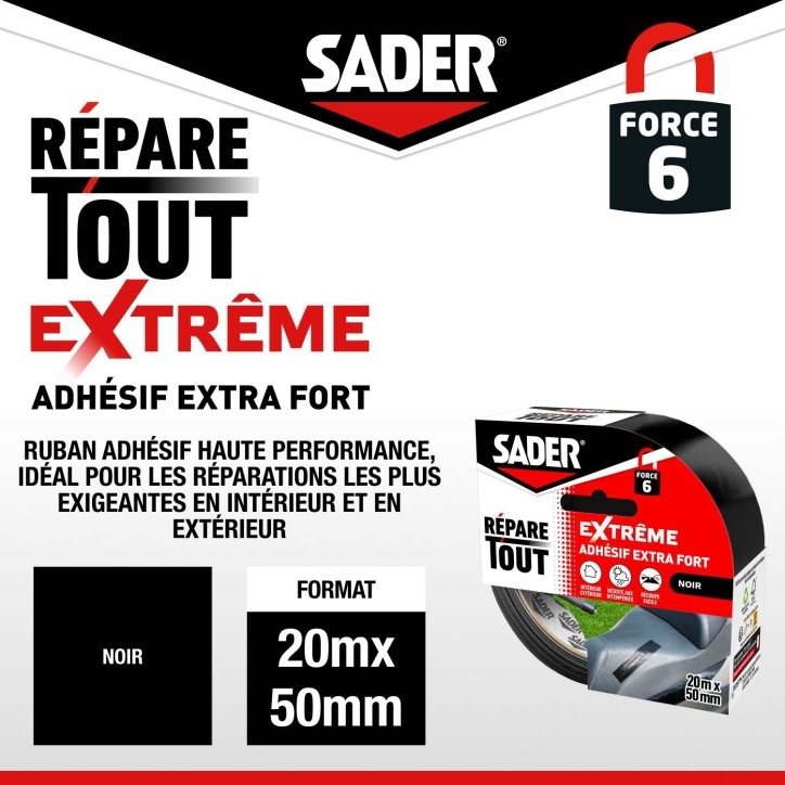 Adhésif extra fort - SADER - Repare tout extreme - Intérieur & Exterieur - Toutes surfaces - Noir - Facile a découper - 20 m Adhésif extra fort - SADER - Repare tout extreme - Intérieur & Exterieur - Toutes surfaces - Noir - Facile a découper - 20 m