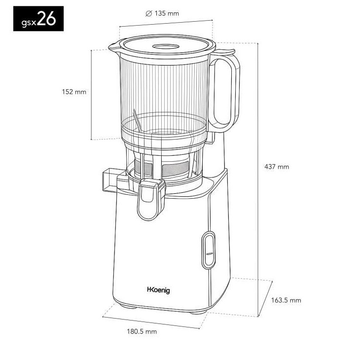 Extracteur de jus ouverture large - HKoeNIG - GSX26 - 250 W - 1,8 L - Noir