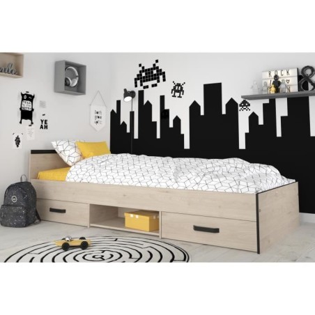 Lit enfant PARISOT Zodiac - 90x200 cm - Panneaux de particules - Décor chene et noir - Rangement