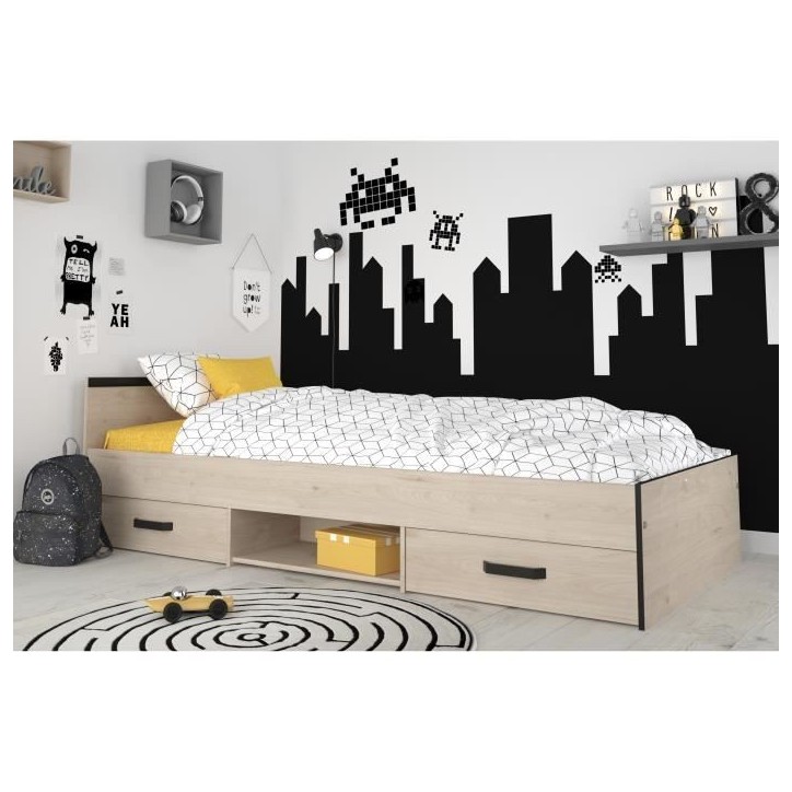 Lit enfant PARISOT Zodiac - 90x200 cm - Panneaux de particules - Décor chene et noir - Rangement Lit enfant PARISOT Zodiac - 90x200 cm - Panneaux de particules - Décor chene et noir - Rangement