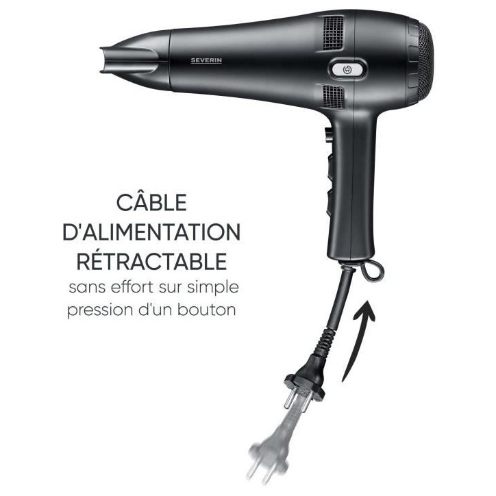 Seche-cheveux avec câble rétractable - SEVERIN - HT 0165 - Diffuseur & Concentrateur - 2100 W - 3 niveaux de température - No