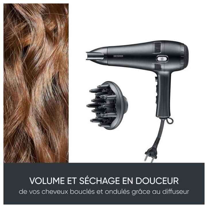 Seche-cheveux avec câble rétractable - SEVERIN - HT 0165 - Diffuseur & Concentrateur - 2100 W - 3 niveaux de température - No