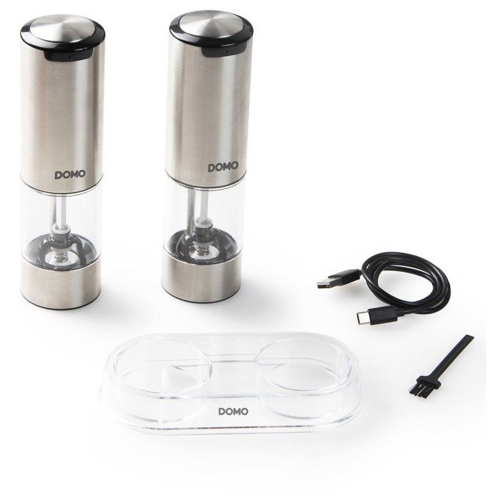 Ensemble de 2 moulins a poivre et sel électriques - DOMO - USB - 96 ml - Transparent / Argent Ensemble de 2 moulins a poivre et sel électriques - DOMO - USB - 96 ml - Transparent / Argent