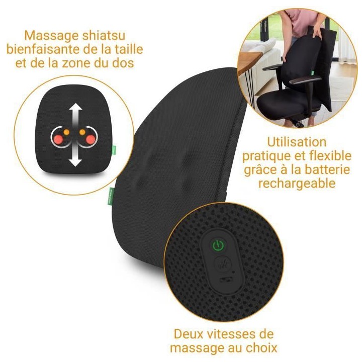 Dossier de massage rechargeable - MEDISANA - MC 500 - Shiatsu - sans fil - 2 vitesses - Noir Dossier de massage rechargeable - MEDISANA - MC 500 - Shiatsu - sans fil - 2 vitesses - Noir