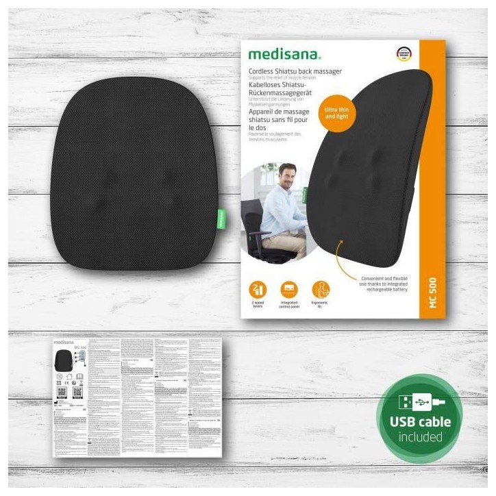 Dossier de massage rechargeable - MEDISANA - MC 500 - Shiatsu - sans fil - 2 vitesses - Noir Dossier de massage rechargeable - MEDISANA - MC 500 - Shiatsu - sans fil - 2 vitesses - Noir