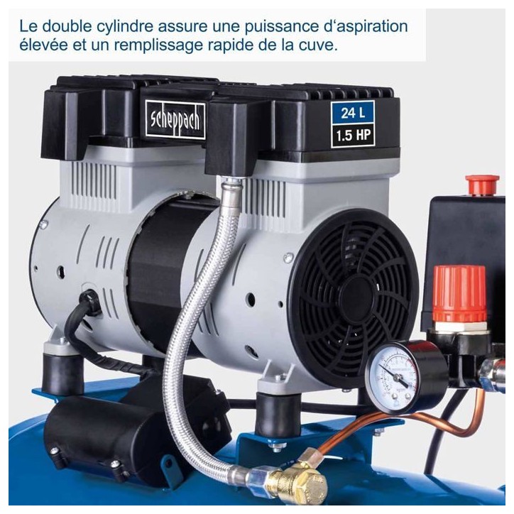 Compresseur d'air horizontal SCHEPPACH - HC26Si - 24L - 1100 W - 8 bars - 1,5 CV Compresseur d'air horizontal SCHEPPACH - HC26Si - 24L - 1100 W - 8 bars - 1,5 CV