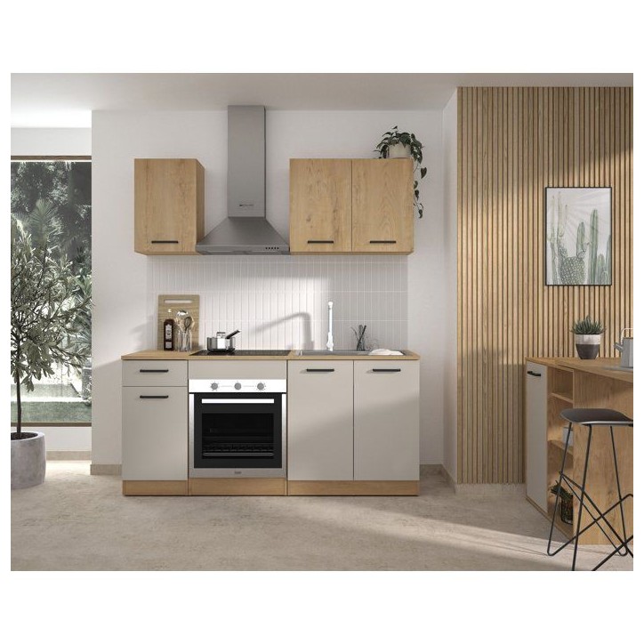 ALPAGA - Cuisine complete - Chene silva / Grege - 180 x 60/31 x 211 cm - Avec meuble four et plan de travail - GAMI ALPAGA - Cuisine complete - Chene silva / Grege - 180 x 60/31 x 211 cm - Avec meuble four et plan de travail - GAMI