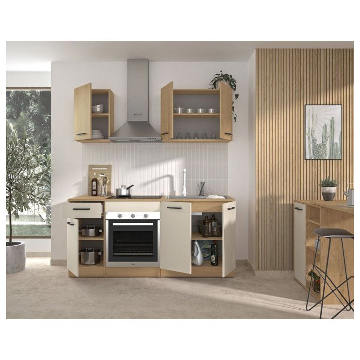 ALPAGA - Cuisine complete - Chene silva / Grege - 180 x 60/31 x 211 cm - Avec meuble four et plan de travail - GAMI ALPAGA - Cuisine complete - Chene silva / Grege - 180 x 60/31 x 211 cm - Avec meuble four et plan de travail - GAMI