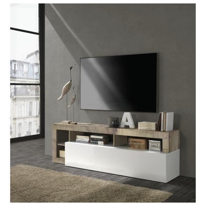 Meuble TV 1 porte - Finition Blanc Laqué et Effet Bois Vintage - L 184 x P 42 x H 56 cm - MAESTRO Meuble TV 1 porte - Finition Blanc Laqué et Effet Bois Vintage - L 184 x P 42 x H 56 cm - MAESTRO