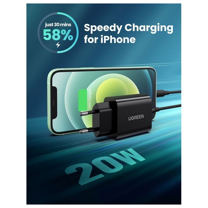 Chargeur secteur - UGREEN - 1 Port USB-C - 20W - Noir