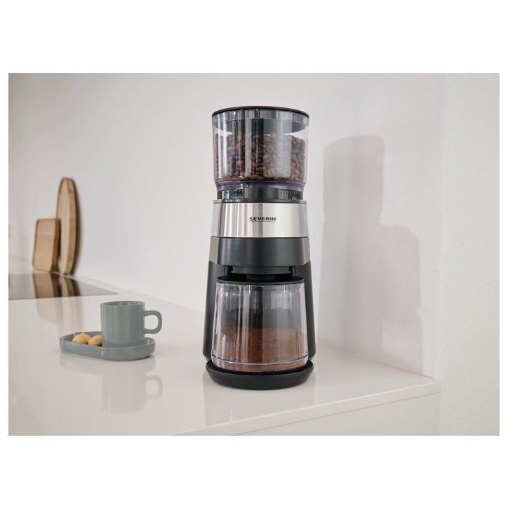 Broyeur a café professionnel - SEVERIN - KM 3880 - 140 W - Mouture réglable sur 30 niveaux - Jusqua 12 tasses - noir/brossé i Broyeur a café professionnel - SEVERIN - KM 3880 - 140 W - Mouture réglable sur 30 niveaux - Jusqua 12 tasses - noir/brossé i