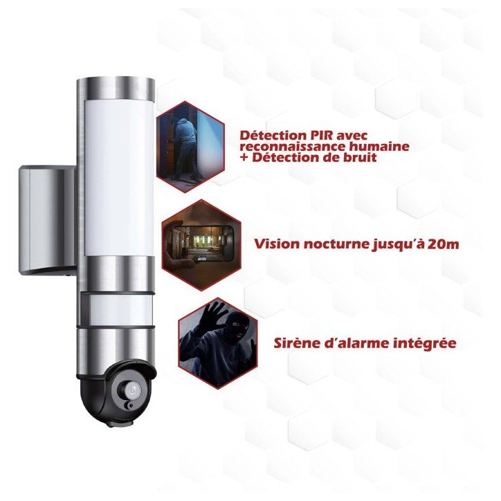 Caméra extérieure - KYF - Connectée Wifi - Rotative - Filaire - 220V - Eclairage LED 1600 Lm Caméra extérieure - KYF - Connectée Wifi - Rotative - Filaire - 220V - Eclairage LED 1600 Lm