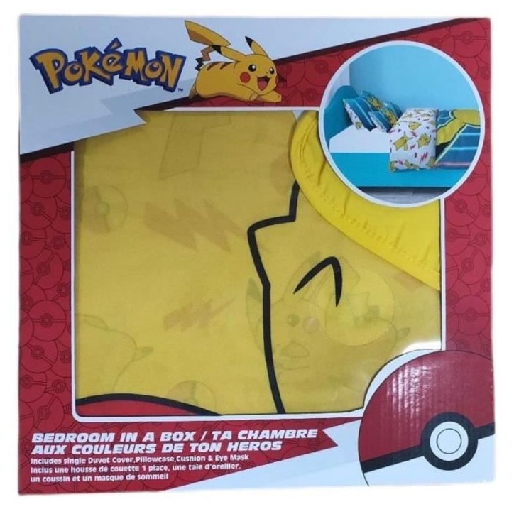 Set de chambre - POKEMON - Pikachu - Housse 140 x 200 cm + Taie 63 x 63 cm + Coussin 30 x 30 cm + Masque de sommeil Set de chambre - POKEMON - Pikachu - Housse 140 x 200 cm + Taie 63 x 63 cm + Coussin 30 x 30 cm + Masque de sommeil