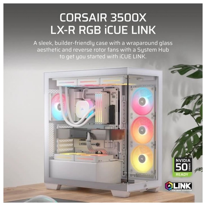 Boitier PC - CORSAIR - 3500X LXR LINK Tempered Glass Mid-Tower - 3 ventilateurs RGB a rotor inversé - Blanc